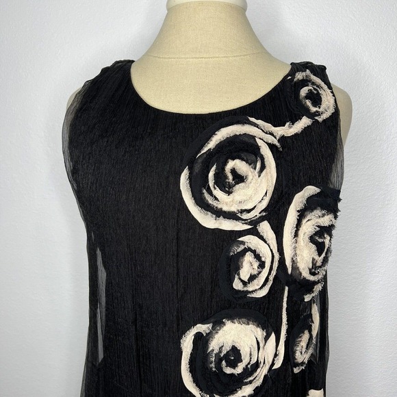 Yoana Baraschi Black & Ivory Floral Sleeveless Crepe Overlay Dress Sz M - Picture 2 of 12
